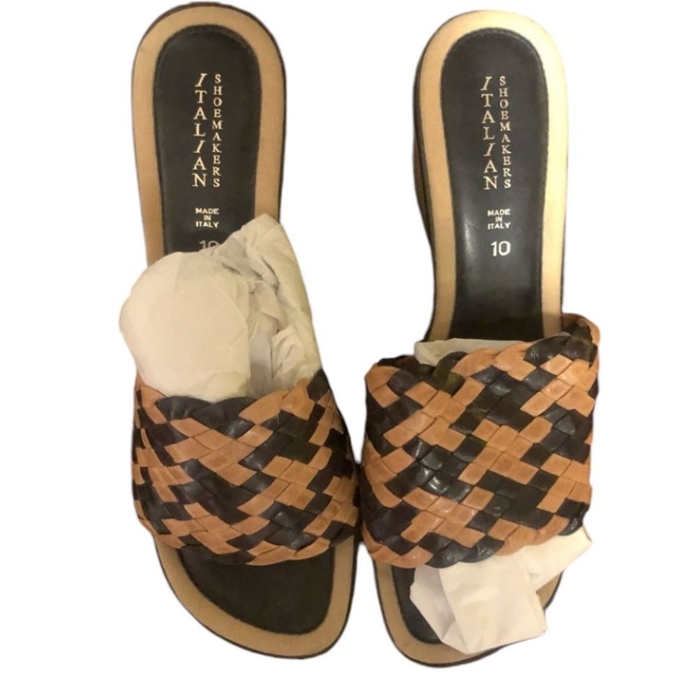 Italian Shoemakers size 10 black &Tan braided leather open toe wedge